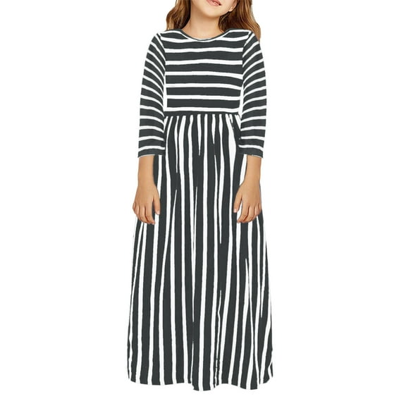 WOYY Little Girls Striped Shirt Dress Long Sleeved Round Neck Casual Maxi Dress