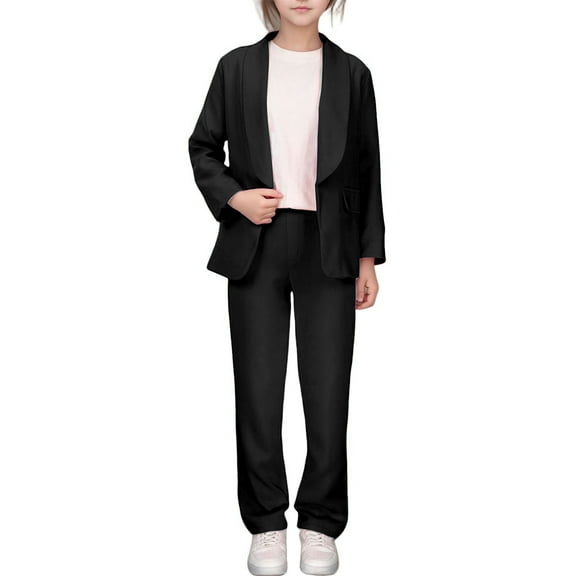 WOYY Little Girls Suit Outfits Solid Lapel Open Front Blazer Pants 2Pcs Set, Sizes 6-14