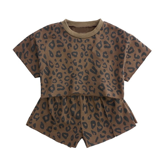WOYY Little Girls Summer Cotton Leopard Short Sleeve T Shirt Shorts Set, Sizes 5-6