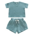 thumbnail image 1 of WOYY Little Girls Summer Linen Outfits Solid Short Sleeve T Shirt with Shorts Set Kids 2Pcs Set, Sizes 6-7, 1 of 2