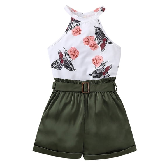 WOYY Little Girls Summer Outfits Floral Halter Sleeveless Top Shorts Set Children's Clothes Sets, Sizes 5-14