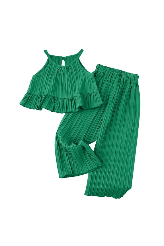 Little Girls Summer Outfits Pleated Ruffle Halter Camisole and Wide Leg Pants Set Children's Clothes Sets, Sizes 2-7