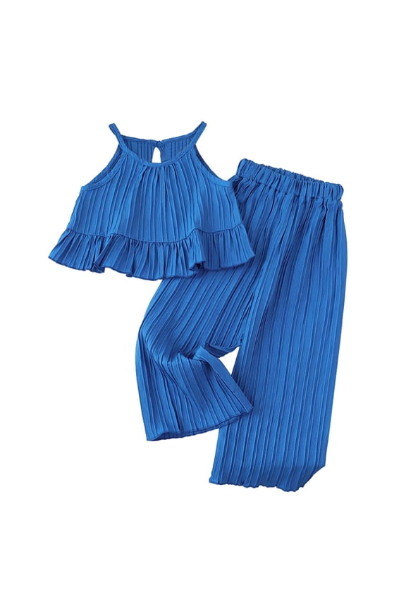 Little Girls Summer Outfits Pleated Ruffle Halter Camisole and Wide Leg Pants Set for Kids, Sizes 2-7