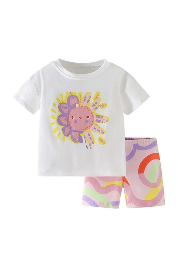 Little Girls Summer Outfits Sun Print Short Sleeve T-Shirt & Shorts Set, 2-Piece