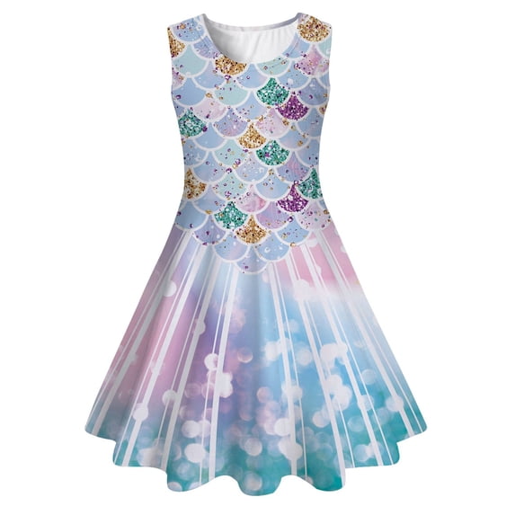 WOYY Little Girls Summer Sleeveless Dress Fashion Allover Print Sundress, Sizes 6-7