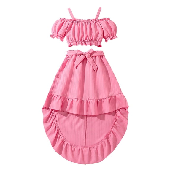 WOYY Little Girls Summer Stylish Outfits Off Shoulder Crop Top Ruffle Irregular Skirt Set Kids Clothing Sets, Sizes 5-6