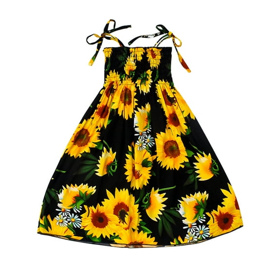 WOYY Little Girls Sunflower Print Sundress Strap Summer Beach Smocked Dress, Sizes 2-9