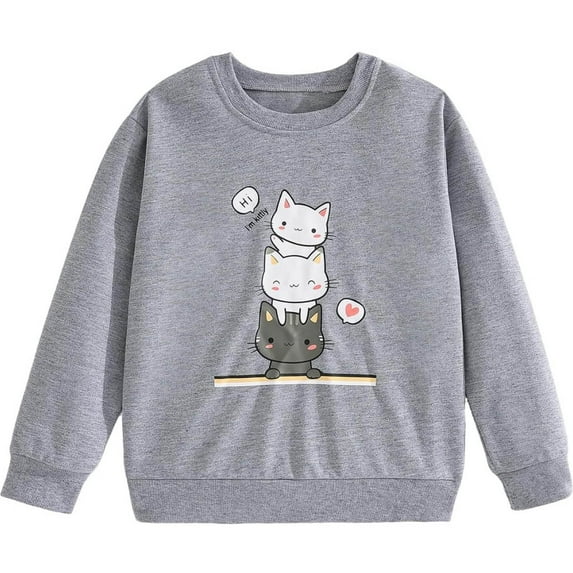 WOYY Little Girls Sweatshirt Cute Cartoon Cat Print Crew Neck Pullover Shirt, Sizes 5-6