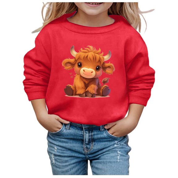 WOYY Little Girls Sweatshirt Cute Cow Print Crew Neck Long Sleeve Pullover for Kids