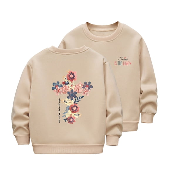 WOYY Little Girls Sweatshirt Flower Print Crew Neck Pullover Long Sleeve Shirt, Sizes 5-6