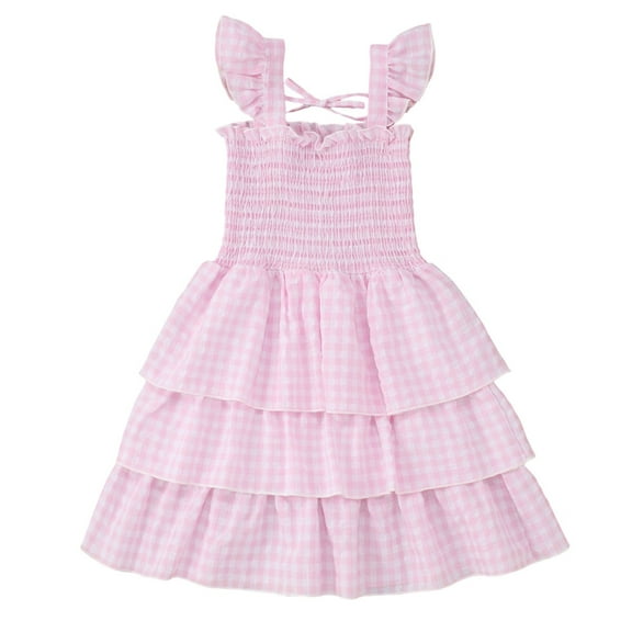WOYY Little Girls Sweet Floral Print Dress Sleeveless Ruffle Smocked Tiered Dress