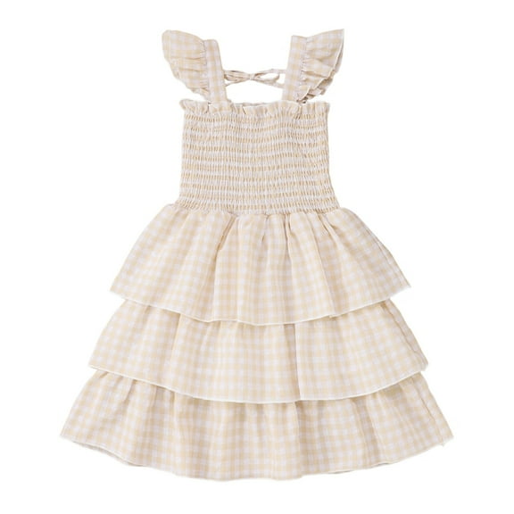 WOYY Little Girls Sweet Floral Print Dress Sleeveless Ruffle Smocked Tiered Dress