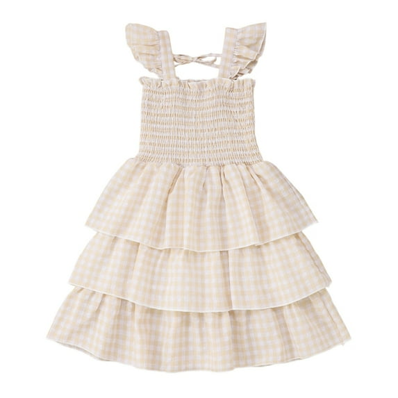 WOYY Little Girls Sweet Floral Print Dress Sleeveless Ruffle Smocked Tiered Dress