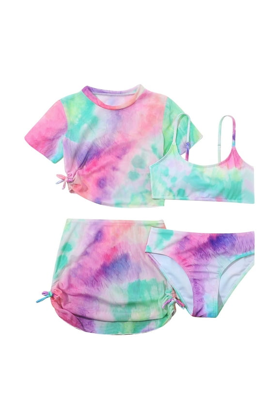 Little Girls Swimsuit Tie Dye Rash Guard Boyshorts Bikini Set Bathing Suit,4-Piece
