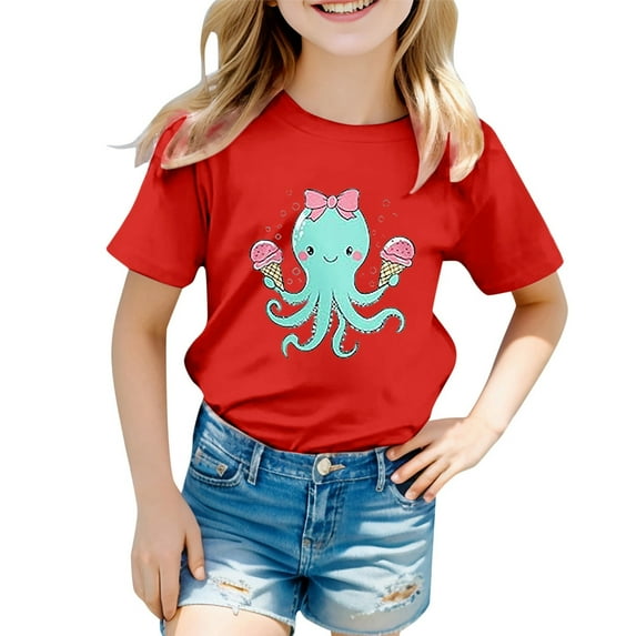 WOYY Little Girls T Shirt Cartoon Octopus Print Short Sleeve T Shirt Casual Sports Tshirt