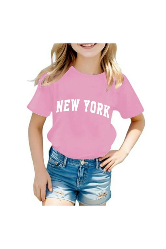 Toddler Girls Letter Print Short Sleeve T-Shirt New York City Crew Neck T Shirt, Sizes 2-14