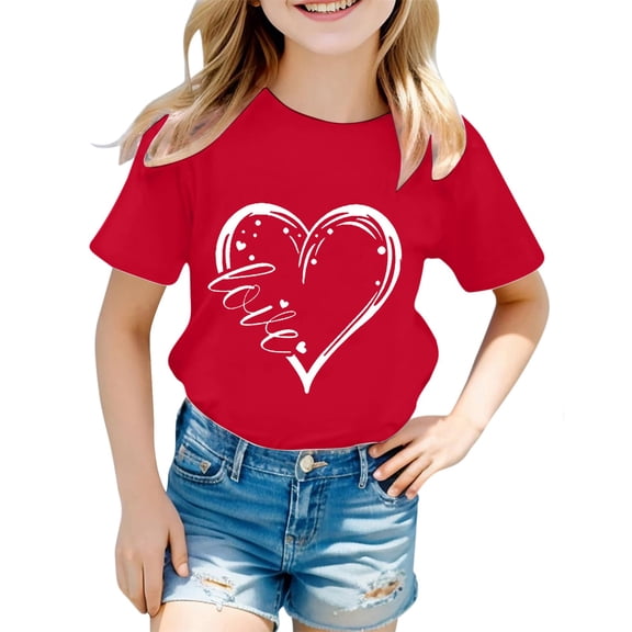 WOYY Little Girls T-Shirt Valentine's Day Short Sleeve T Shirt Graphic Tee, Sizes 6-7