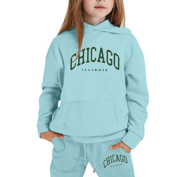 WOYY Little Girls Tracksuit Chicago Print Hoodie Sweatpants Casual Outfits, Sizes 5-6