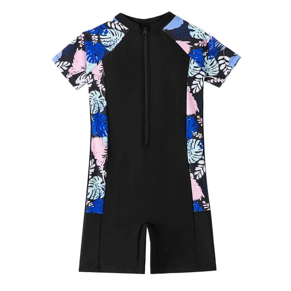 WOYY Little Girls UPF 50+ Rash Guard One Piece Swimsuit with Short Sleeves, Sizes 6-11