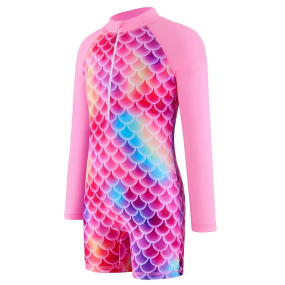 WOYY Little Girls UPF 50+ Zipper Long Sleeve Rash Guard One-Piece Swimsuit, Sizes 4-12
