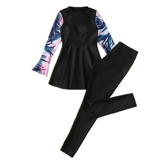 WOYY Little Girls UPF50+ Swimsuit Long Sleeve Rash Guard Pants Swimwear Set, Sizes 7-12