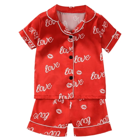 WOYY Little Girls Valentine's Day Pajamas Short Sleeve Button Down Top Shorts Nightwear Children's Clothes Sets, Sizes 5-6