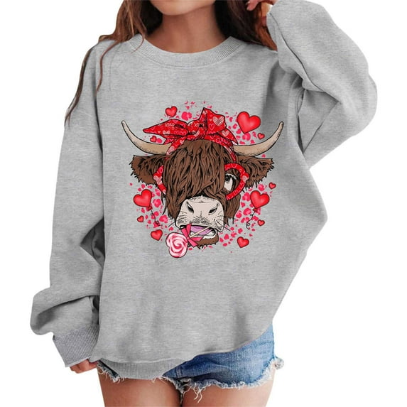 WOYY Little Girls Valentine's Day Sweatshirt Cow Print Crew Neck Graphic Pullover Tops