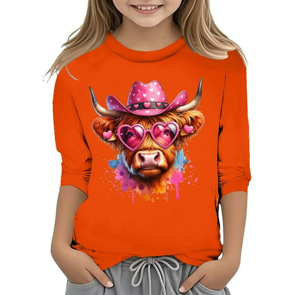 WOYY Little Girls Valentine's Day T-Shirt Cute Cartoon Highland Cow Print 3/4 Sleeve Tee