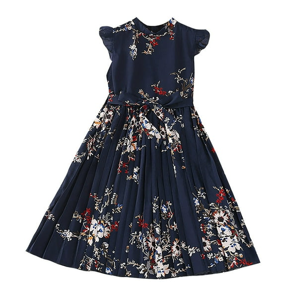 WOYY Little Girls Vintage Pleated Princess Dress Flower Print Belted Dress, Sizes 4-12