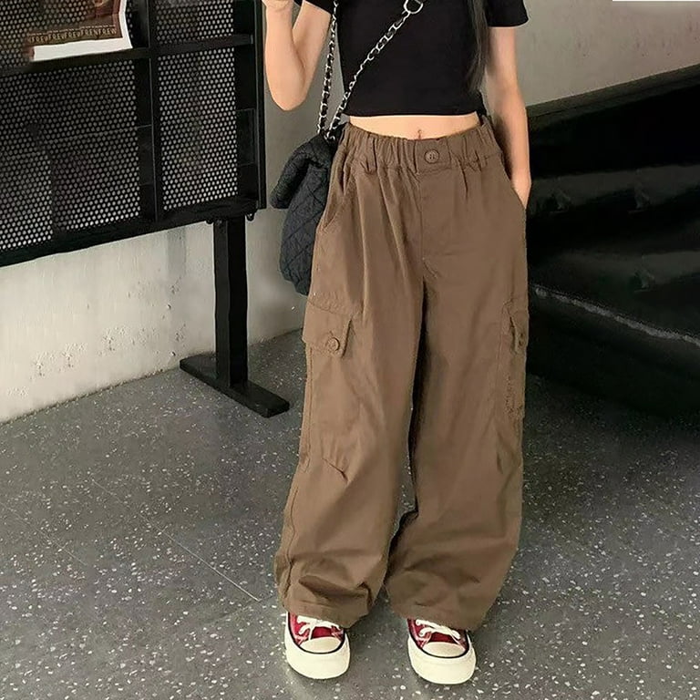 WOYY Little Girls Wide Leg Cargo Pants Solid High Waist Long