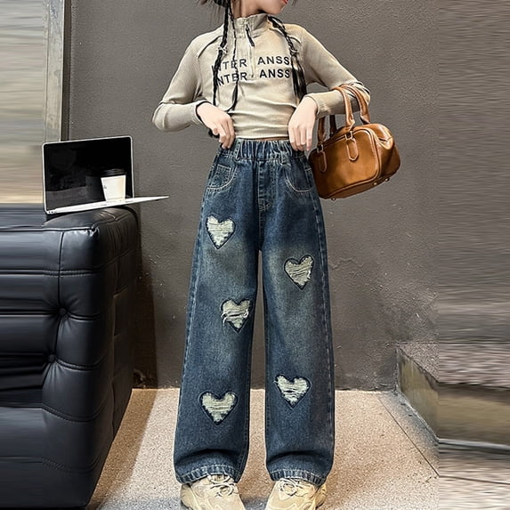 WOYY Little Girls Wide-Leg Ripped Jeans Heart Distressed Elastic Waist Baggy Demin Pants