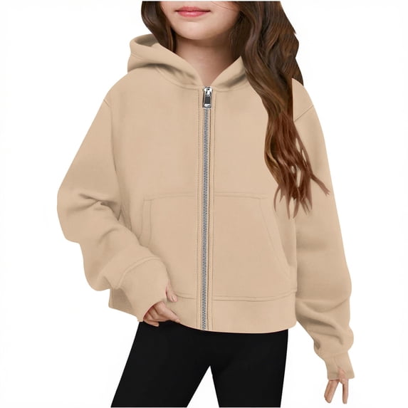 WOYY Little Girls Zip Up Hoodie Fleece-Lined Solid Color Hooded Sweatshirt, Sizes 5-6