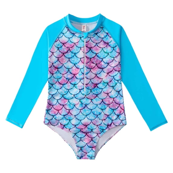 WOYY Little Girls Zip Up Long Sleeve Rash Guard One-Piece Swimsuit with UPF50+, Sizes 4-12