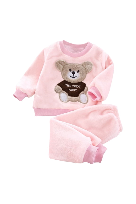 Little Girlss Flannel Pajamas Cute Cartoon Bear Long Sleeve Sleepwear Loungewear