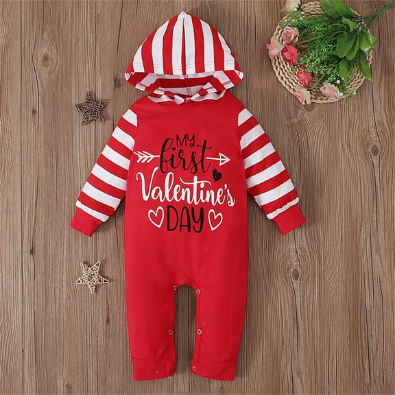 WOYY My First Valentine's Baby Boy Girl Jumpsuit Letter Print Striped Hooded Romper Onesie