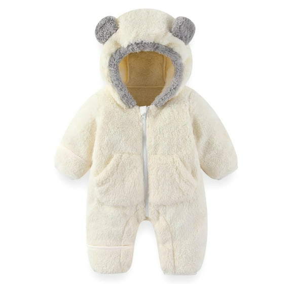 WOYY Baby Flannel Jumpsuit Bear Ears Hooded Romper Winter Onesies, Sizes 3-6M