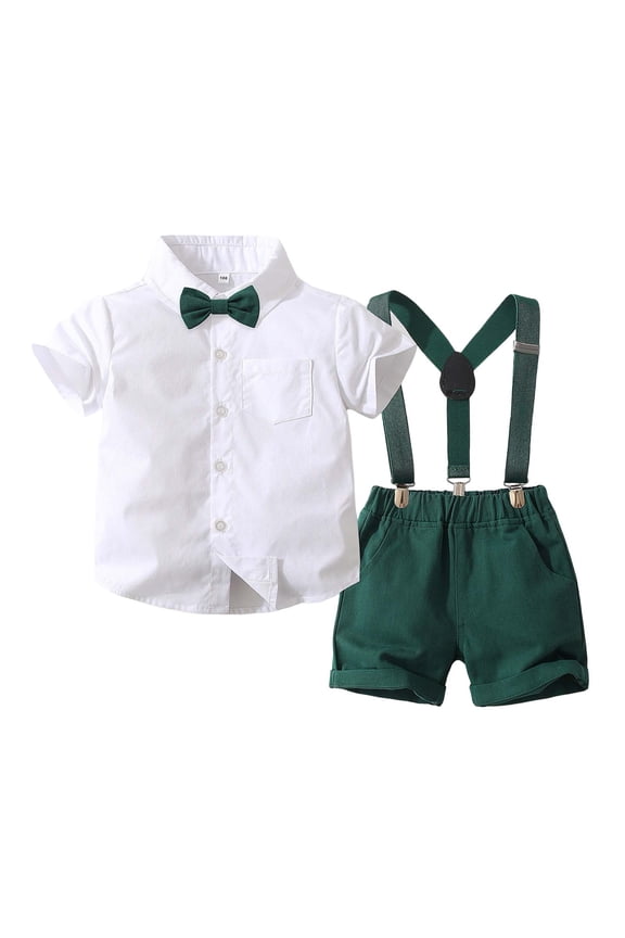 Newborn Boy Outfits Short Sleeve Button-Down Shirt Suspender Shorts Set, Sizes 6-12M