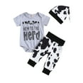 thumbnail image 1 of WOYY Newborn Boys Casual Outfits Cow Print Short Sleeve Romper Pants with Hat 3Pcs Set, 1 of 1