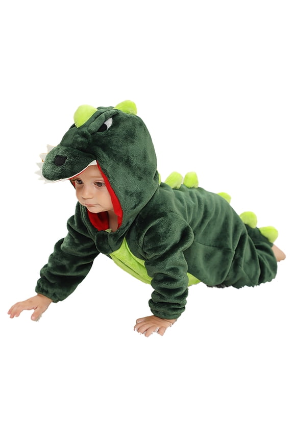 Boys Dinosaur Romper Soft Flannel Hooded Jumpsuit Zipper Onesies, Sizes 6-12M