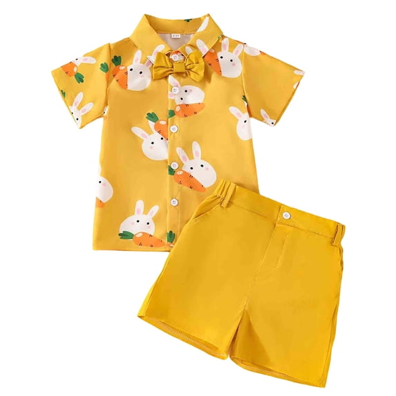 WOYY Boys Easter Outfits Bunny Carrot Print Short Sleeve Shirt Shorts Set, Sizes 6M-4T