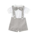 thumbnail image 1 of WOYY Newborn Boys Formal Suit Short Sleeve Romper Suspenders Shorts Bowtie Wedding Tuxedo Outfits, Grey, 1 of 3