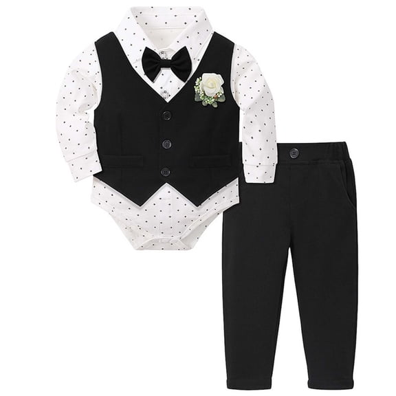 WOYY Newborn Boys Formal Tuxedo Outfits Long Sleeve Dress Shirt Vest Pants 3Pcs Set, Sizes 0-18M
