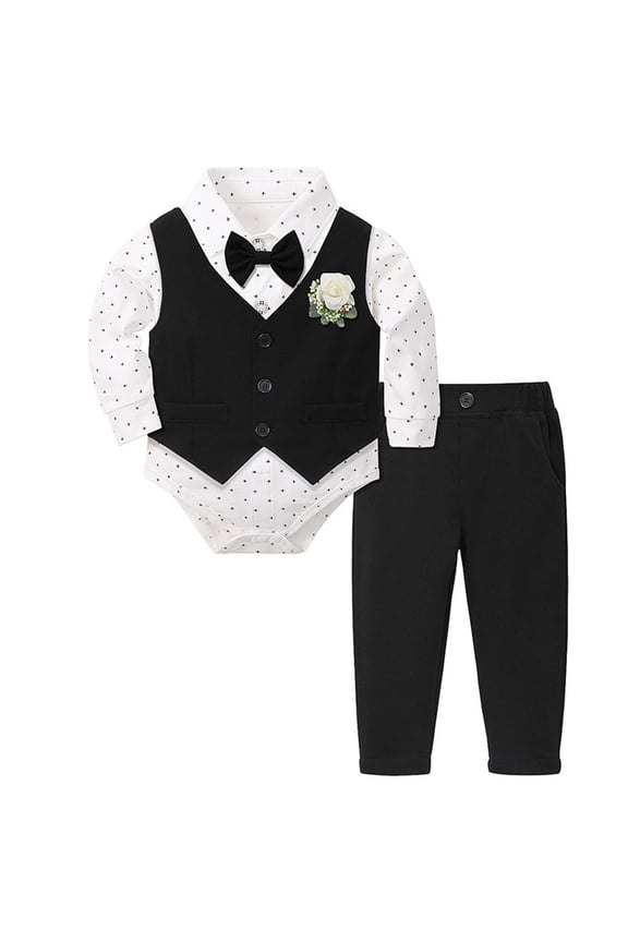 Newborn Boys Formal Tuxedo Outfits Long Sleeve Dress Shirt Vest Pants 3Pcs Set, Sizes 0-18M