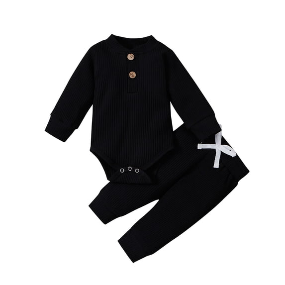 WOYY Boys Outfits Solid Ribbed Long Sleeve Bodysuit Romper Pants Set, Sizes 3-6M