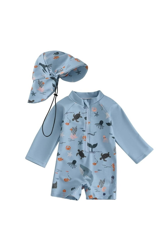Boys Rash Guard Swimsuit Long Sleeve Swimwear Bathing Suit Beachwear with Hat