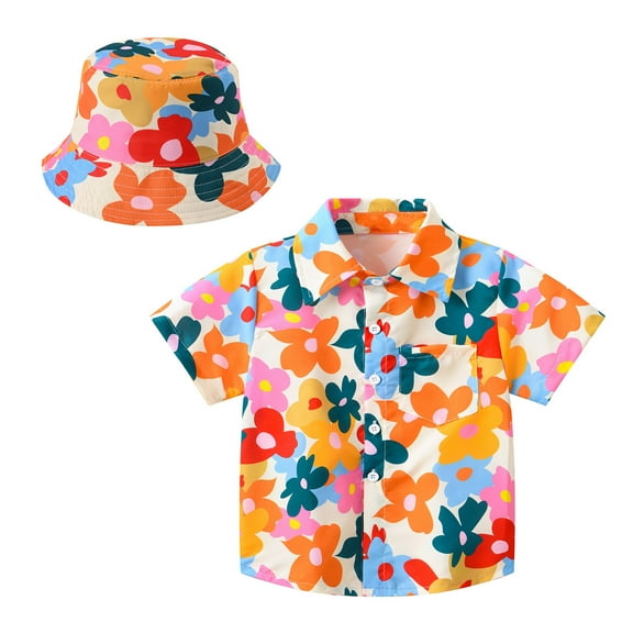 WOYY Newborn Boys Short Sleeve Button Up Shirt Hawaii Beach Tropical Summer Shirt with Hat