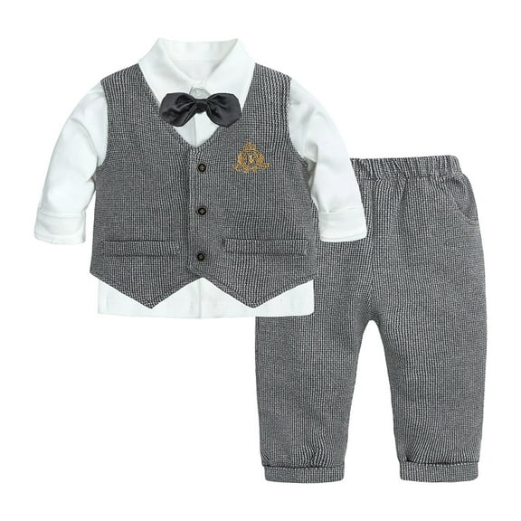 WOYY Newborn Boys Wedding Outfits Long Sleeve Formal Dress Shirt Bowtie Vest Pants Suit