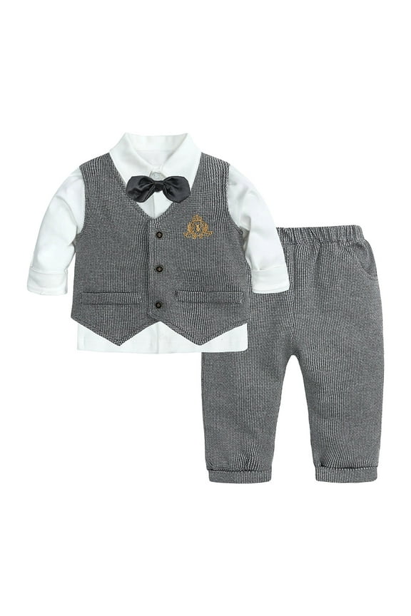 Newborn Boys Wedding Outfits Long Sleeve Formal Dress Shirt Bowtie Vest Pants Suit
