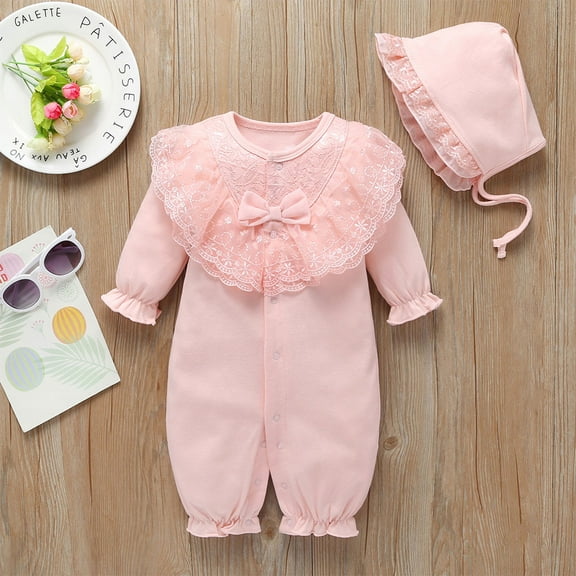 WOYY Newborn Girl Lace Ruffle Jumpsuit Solid Long Sleeve Bow Onesie Romper With Hat Outfits