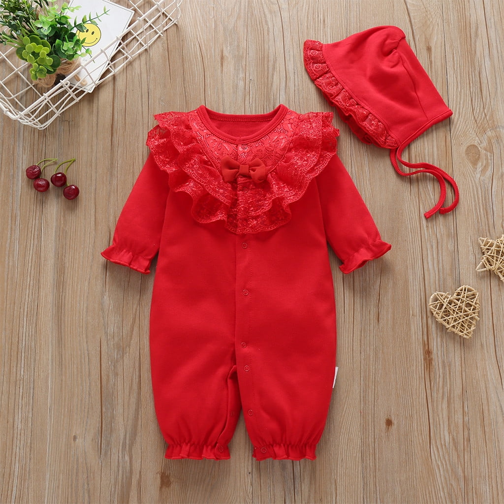 WOYY Newborn Girl Lace Ruffle Jumpsuit Solid Long Sleeve Bow Onesie Romper With Hat Outfits